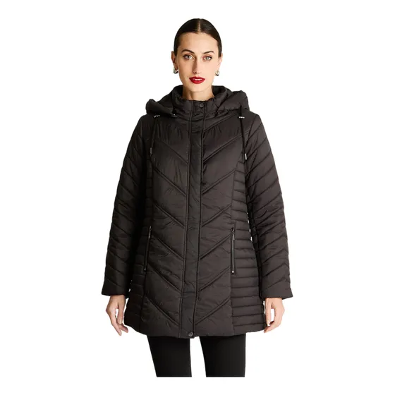 Parka Larga Con Cierre Frontal Y Gorro Negro Mujer Moda Invi
