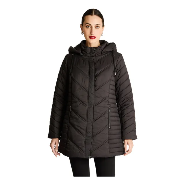 Parka Larga Con Cierre Frontal Y Gorro Negro Mujer Moda Invi