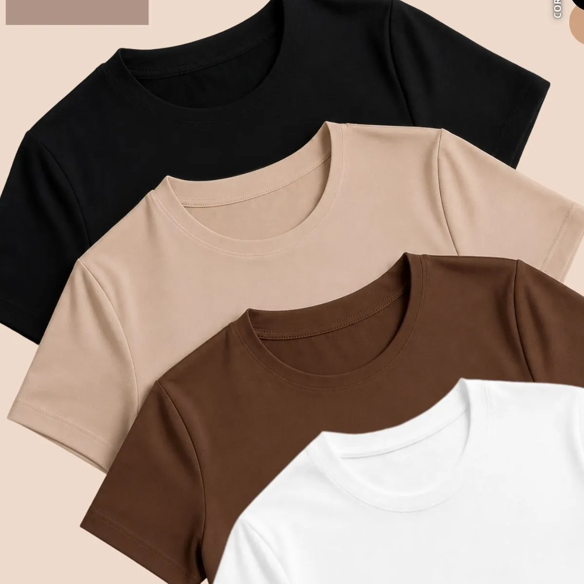 Kit 4 Blusas Feminina Suplex Estilosa T Shirt Básica Casual Preto + Branco + Marrom + Nude Liso P/m (36-38)