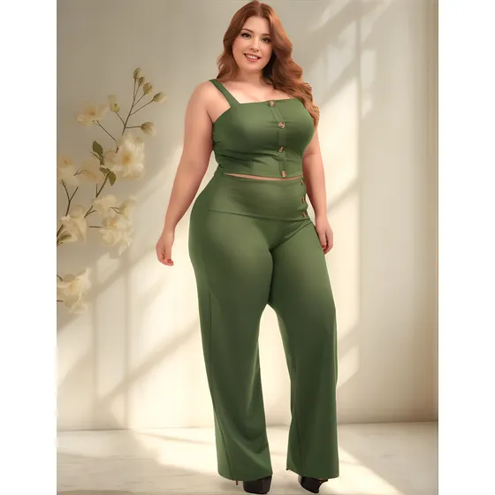 Conjunto Cropped Calça Gg Xg Plus Size Decotado Social Festa