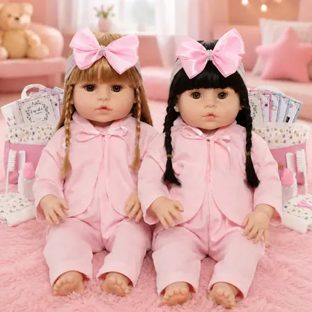Bebê Reborn Gêmeas Realistas Cegonha Vinil Silicone Articulado Banho Cegonha Reborn Dolls Enxoval Rosa Pagão Chupeta Mamadeira Fraldas Certificados Laço Cílios Brinco Presente Infantil Menina