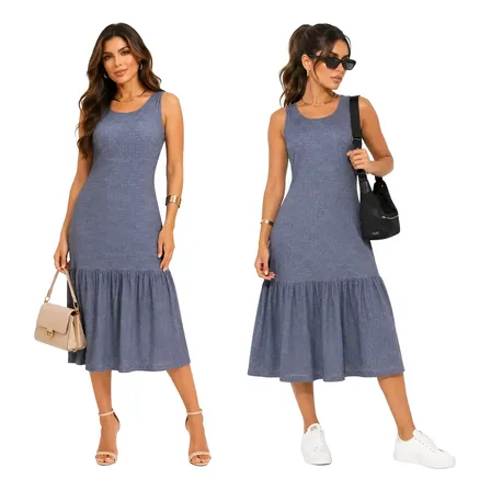 Vestido Midi Estampa Jeans Feminino Casual Confortável