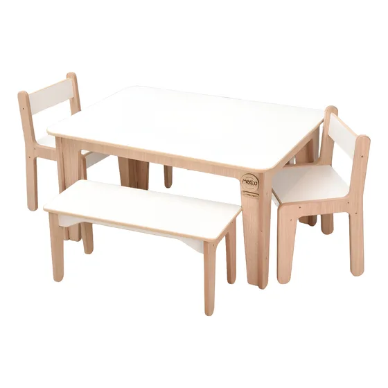 Mesa, Bancos Y Sillas Para Niños De Madera- Infantil - Meeko Madera Y Blanco