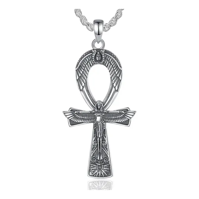 Colgante Cruz Llave Del Cielo Con Diosa Isis En Plata 950