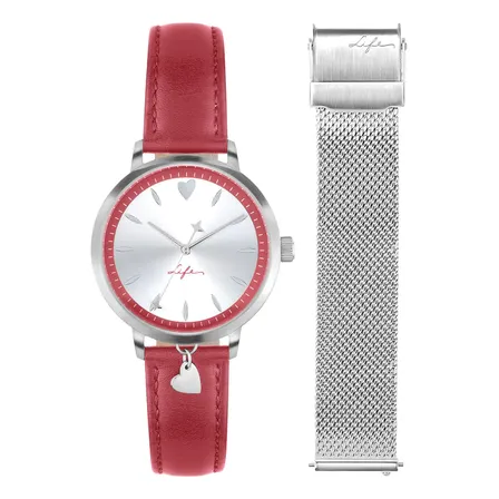 Relógio Life Lovely Feminino Couro E Aço Vermelho Prateado Vermelho