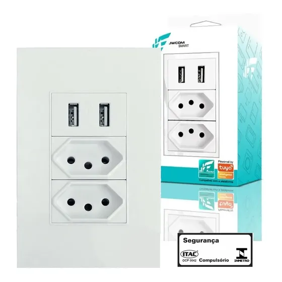 Tomada Dupla USB Embutir Bivolt Jwcom 10A 2 Saídas USB Branco