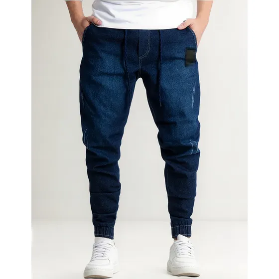 Calça Jogger Jeans Escura Skinny  Algodão Punho Elástico