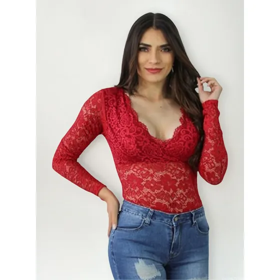 Blusa Body Manga Larga Con Encajes