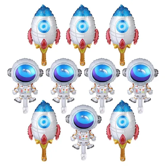 20 Mini Balão Astronauta Foguete Metalizado 32cm Decoração Cor Cinza/Branco/Azul