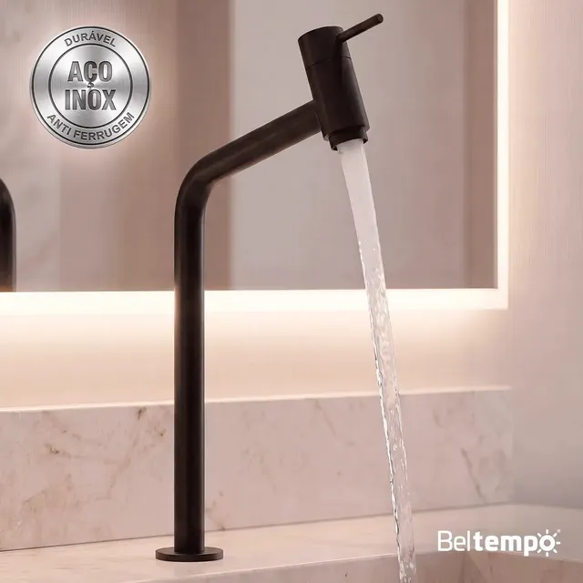 Torneira Banheiro Lavabo Bica Alta Bancada Inox Preto Fosco Link 45° Beltempo