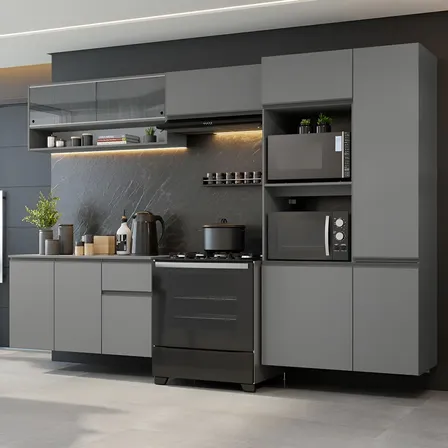 Armário Cozinha Completa Modulada Suspensa com Balcão para Cooktop 300cm Cinza Nice Mades…