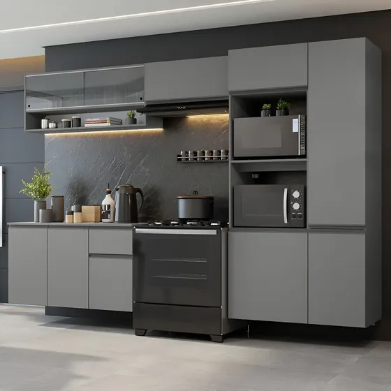 Armário Cozinha Completa Modulada Suspensa com Balcão para Cooktop 300cm Cinza Nice Madesa GRNC3000073B