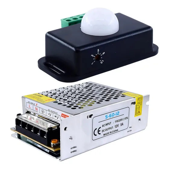 Kit Sensor Pir De Movimiento 12v/24v 8a Led + Fuente Conmuta