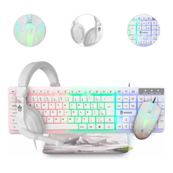 Kit Gamer Evolut Eg55 Branco Teclado Mouse Fone Mousepad
