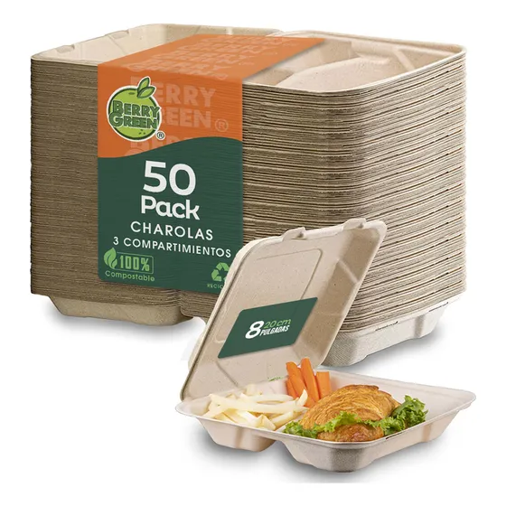 Berry Green 50 Contenedores Compostables Grandes Para Alimentos con 3 Compartimentos, De Alta Calidad, Resistentes a Liquidos, Ecológico, De Fibras de Caña de Azúcar. 20 x 20 x 6.5 cm (8 Pulgadas)