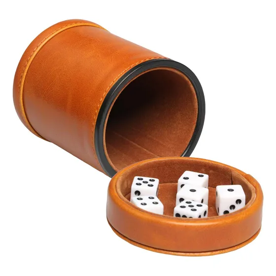Taza De Dados De Cuero Sintético Marrón Incluye 6 Dados
