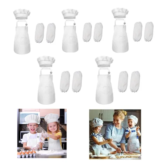 5 Set Niños Chef Uniformes Juego De Delantales + Gorro Manga