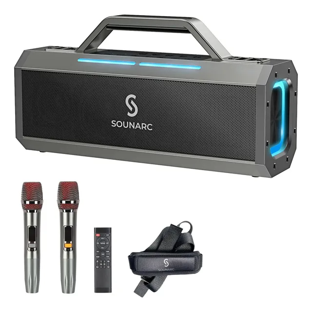 Sounarc K1 Bocina Portátil Profesional 150W Bluetooth Karaoke Micrófonos Inalámbricos Impermeable IPX6 Luces LED Negro