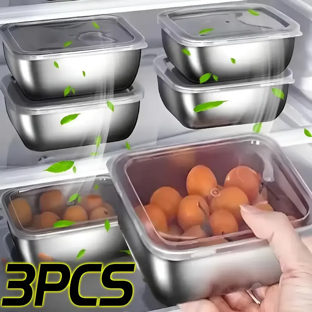 Contenedor Hermético Acero Inoxidable Para Heladera 3 Pack