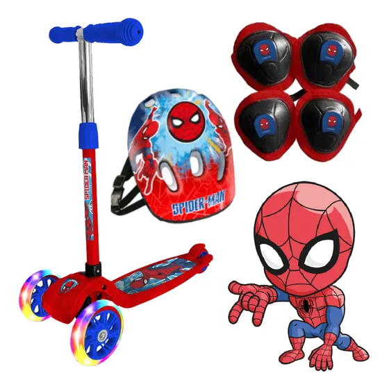 Monopatin Spiderman Plegable + Kit Casco Y Protecciones Color Azul