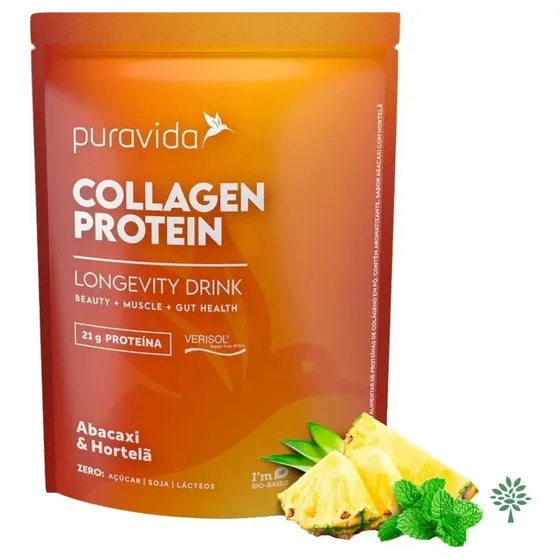 Collagen Protein Pura Vida 450g + Colágeno Verisol Puravida Sabor Abacaxi com hortelã