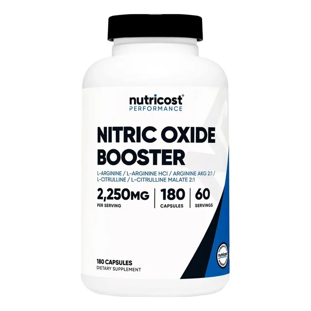 Nutricost suplemento de oxido nitrico de 180 cápsulas sin sabor tiene 500 mg de L-arginina 500 mg de L-arginina HCl y 500 mg de arginina AKG