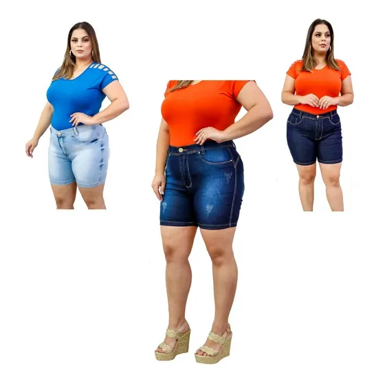 Kit 3 Shorts Jeans Meia Coxa Feminino Lycra Plus Size 