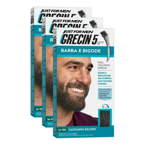 Kit 3 Tintura Grecin5 Gel Barba E Bigode 28g Castanho Escuro