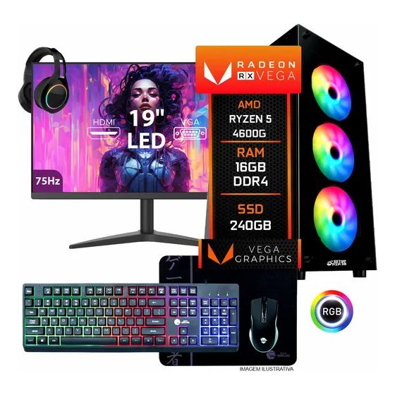 Pc Gamer Completo, Amd Ryzen 5 4600g, 16gb Ddr4, Ssd 240gb