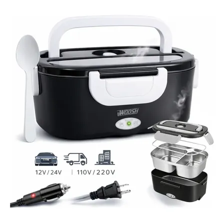Marmita Elétrica Preta Bivolt Portátil Doméstica 110/220v Veicular 12/24v Lancheira 1.5l Com Divisórias Esquenta Rápido... Preto 127/220v