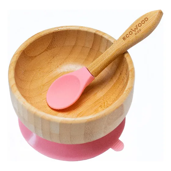 Tazón Y Cuchara Para Bebé De Bambú Ecowood Base Silicona Color Rosa Bowl Bambú