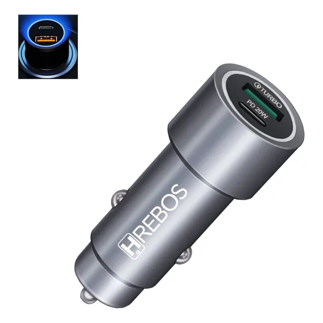 Carregador Veicular Porta Usb + Tipo C Hrebos Pd 20w Turbo Cor Cinza