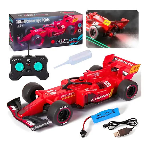 Carrinho Controle Remoto Formula 1 Recarregável Solta Fumaça Cor Vermelho Personagem Ferrari