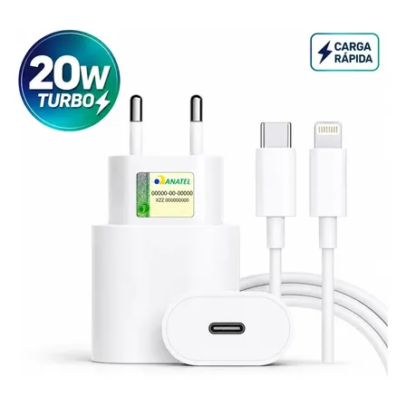 Carregador Rápido iPhone 20w Turbo Usb-c + Cabo Reforçado Compatível Com iPhone 11 12 13 14 Branco