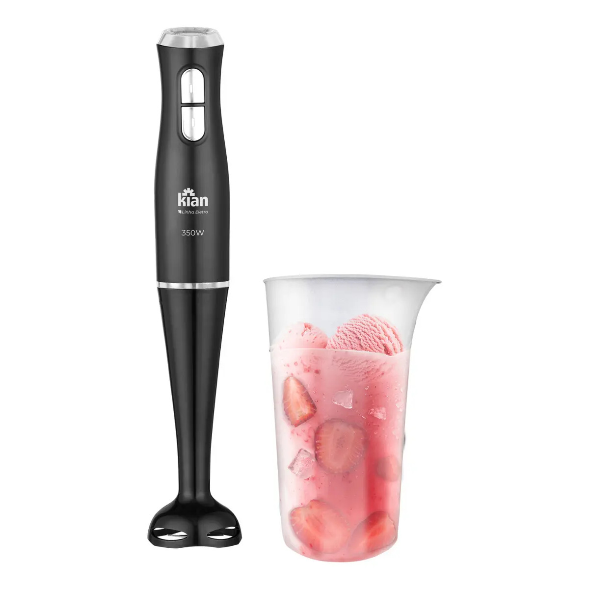 Mixer de mão Kian na cor preta com copo medidor de 700ml contendo uma vitamina de morango com sorvete