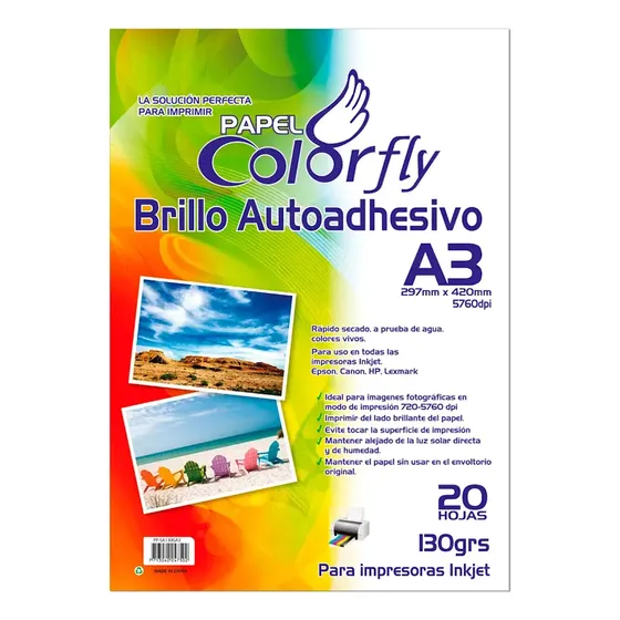 Papel Fotográfico Autoadhesivo Brillante A3 Colorfly 130g x20 Hojas | Cuotas sin interés
