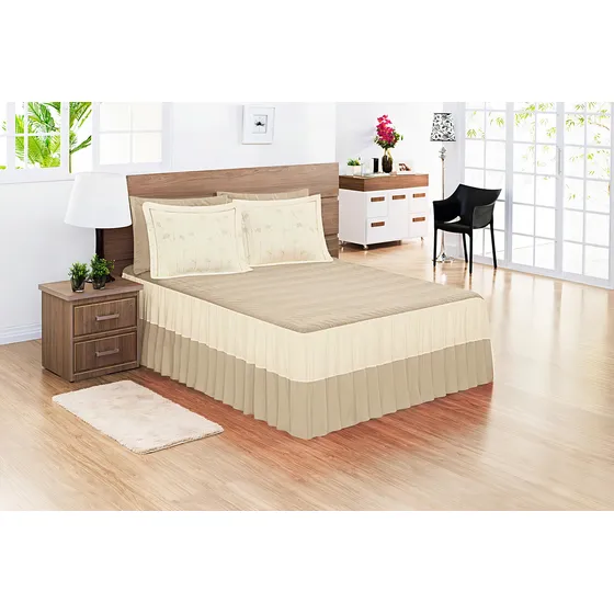 Colcha Para Cama Casal Super King Size Bordada 3 Peças Cor Bege Bordada Com Babado