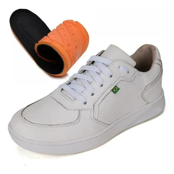 Tenis Masculino Em Couro Legitmo Branco Com Palmilha Em Gel