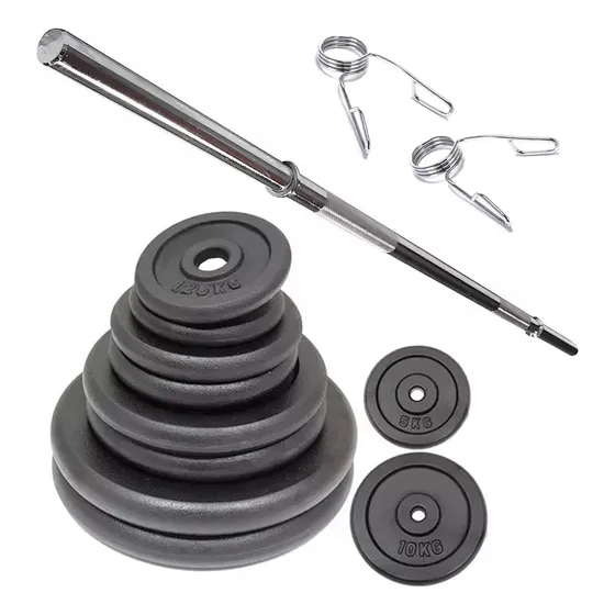 Kit Barra 1.70 Mts Maciza C/top + 60 Kg En Discos Fundicion