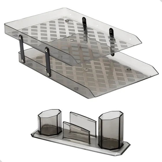 Kit Organizador De Mesa 2 Divisórias + Porta Caneta E Clipes
