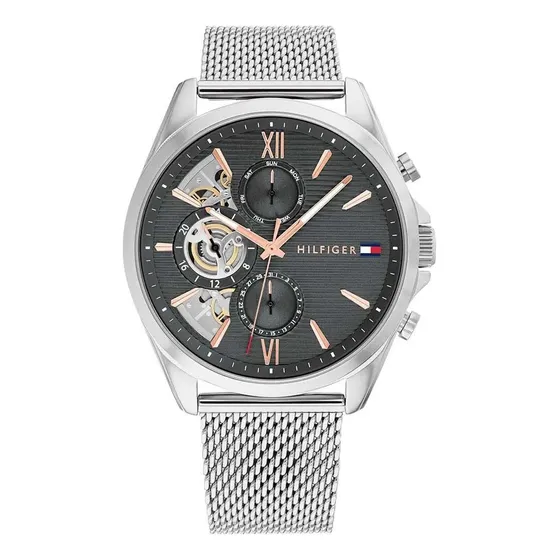 Reloj Tommy Hilfiger Hombre Clásico 1710646 Multifuncion Malla Plateado Bisel Plateado Fondo Gris Oscuro
