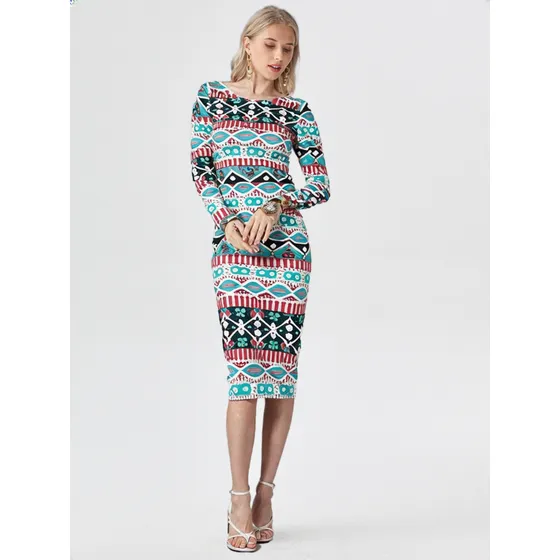 Vestido Capella Manga Larga Geometrico Al Cuerpo