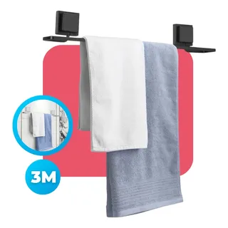 Suporte Porta Toalha De Banho Toalheiro 50cm Parede Banheiro Fixação Sem Furos Dupla Face 3m Preto Arthi Suporte Porta Toalha De Banho Toalheiro 50cm Parede Banheiro Fixação Sem Furos Dupla Face 3m Preto Arthi