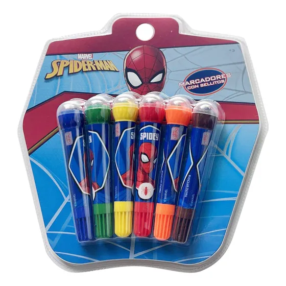 Pack X 6 Marcadores Colores Con Sellos Spiderman
