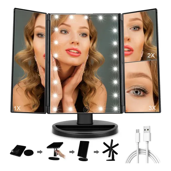 Espejo rectangular de pie Goodea Espejo Maquillaje Plegable Luz con luz fría de 29cm x 34.7cm con 10cm de diámetro usb a batería 220V marco negro