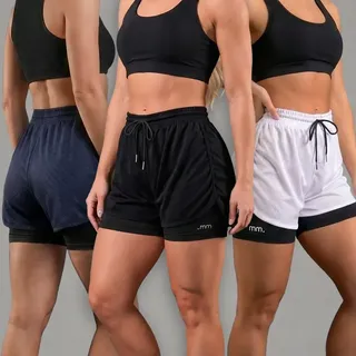 Kit 3 Short Fitness Feminino 2 Em 1 Compressão Cintura Alta Azul-marinho Preto E