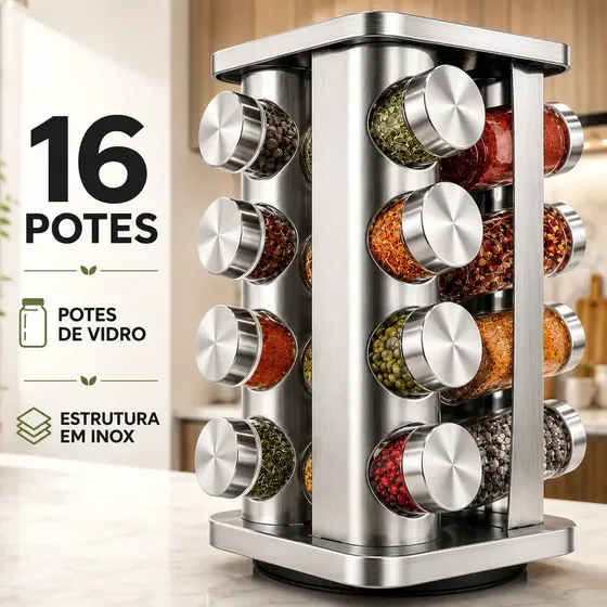 Porta Temperos Condimentos Inox Kit 16 Unidades Potes Vidro Base Giratório 360 Preto Organizador Coz