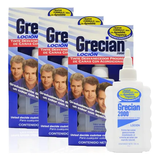 Kit 3 unidades tintura loción Grecian 2000 anticanas con acondicionador para todo tonos de cabello sin enjuague por 120ml cada uno