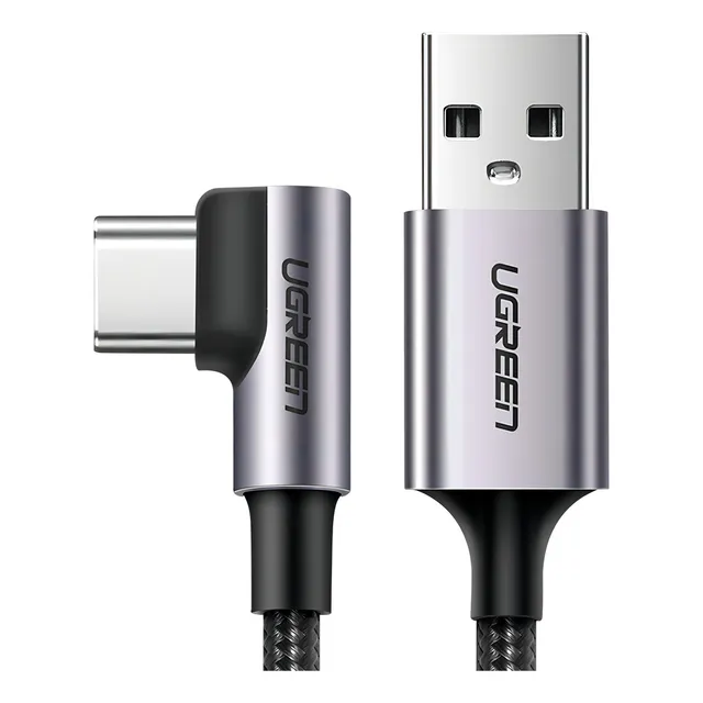 Cable UGREEN USB-A a USB-C 1 Metro Conector con Ángulo Recto de 90° Carga Rápida de hasta 60W 480 Mbps PD3.0 QC4.0/3.0/2.0 FPC AFC Protección Integrada Caja de Aluminio Nylon Trenzado.