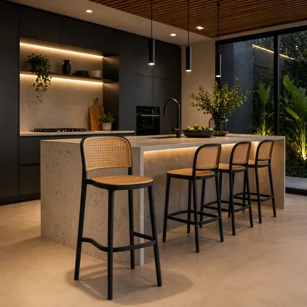 4 Banquetas Alta Rattan Palha Sintética Elidy 75cm Cafeteria Pollipropineo Preto